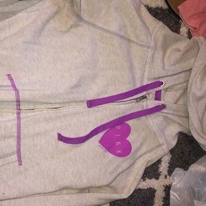 Cute light grey and purple PINK zip up sweater